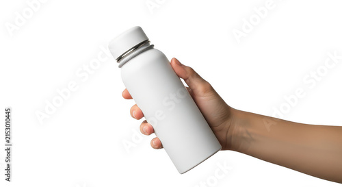 Hand holding a white reusable water bottle isolated on transparent background