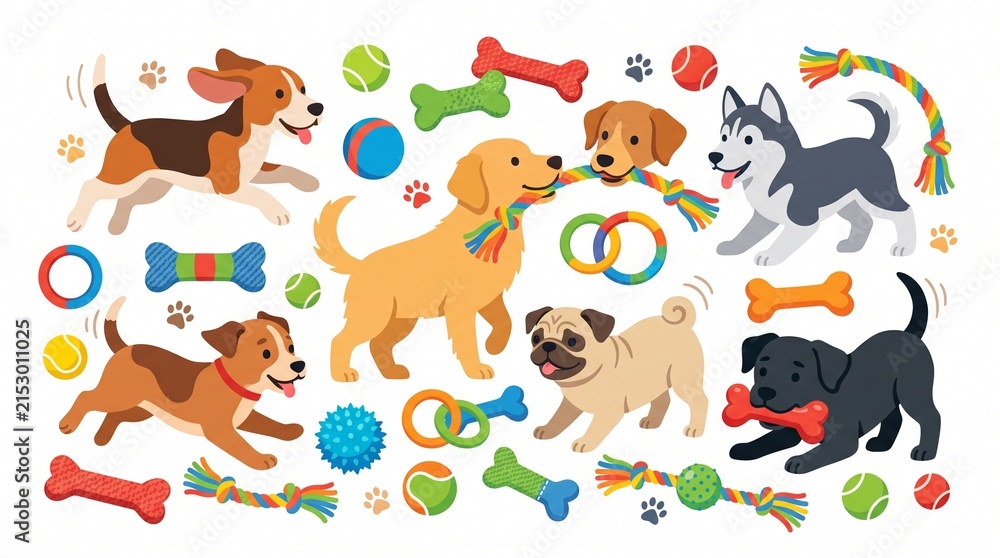 Obraz premium Delightful cartoon illustration featuring a happy assortment of dogs playing with colorful pet toys, including bones, balls, and rope toys, conveying canine joy