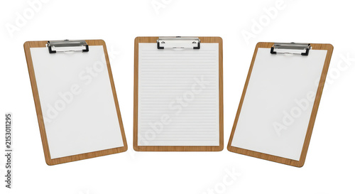 Three wooden clipboards with blank white paper sheets isolated on transparent background