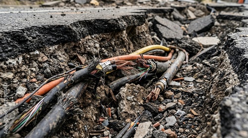 Damaged underground cables ruptured by earthquake. Fractured soil and exposed electrical wires beneath cracked pavement.