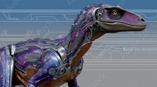 Futuristic cybernetic dinosaur with tech details and vibrant colors