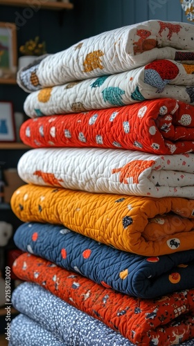 Stack of colorful patterned quilts on display in cozy room