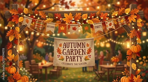 Vibrant illustration of an autumn garden party banner with festive lights, fall leaves, and pumpkins, set against a blurred background of people enjoying the celebration.