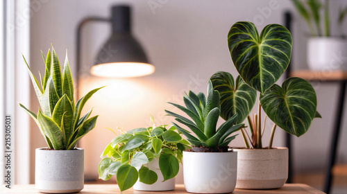 Indoor plant collection with green leaves in white pots on wooden table