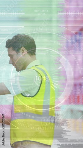Animation of financial data processing over caucasian warehouse worker