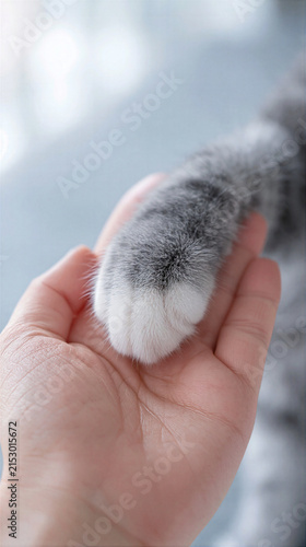 Soft cat paw touching human hand, gentle connection and trust moment