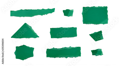 Shapes green torn paper pieces isolated on white background with geometry assortment collection fragment material