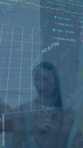 Animation of graphs and trading board, diverse coworkers brainstorming new idea on transparent board