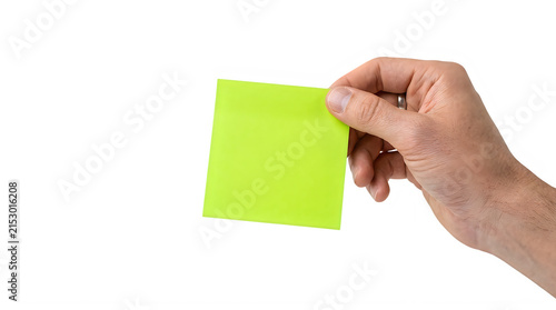 Sticky note held by hand with reminder stationery information communication adhesive business isolated background