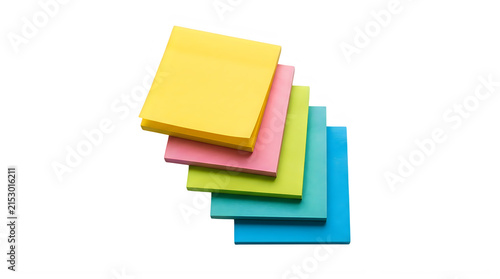 Sticky notes in various colors arranged in a stack with stationary reminder business adhesive isolated background