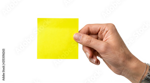 Sticky note held by hand isolated on white background with reminder business communication stationery adhesion