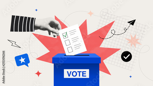 Voter Hand Casting Ballot Into Voting Box For Election Participation Civic Engagement Retro Halftone Collage Vector Illustration