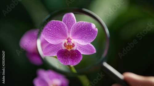 Purple orchid flower close up with magnifying glass showing detailed texture and dew