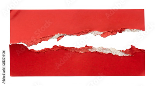 Paper torn in half with bright red edges and white background material fragment abstract contrast