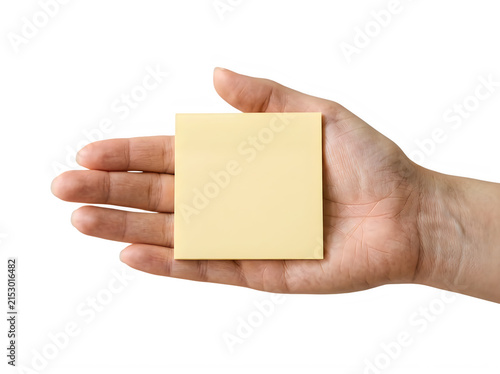 Paper square held in palm of hand isolated with isolated stationery communication presentation background fingertip