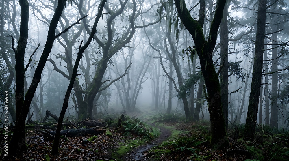 Fototapeta premium Twisted ancient trees in foggy coastal forest with mossy trail and eerie white atmosphere.