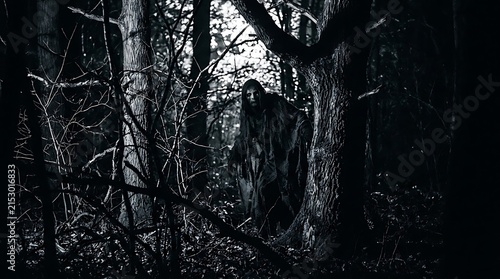 A creepy figure in ragged clothes standing in a dark, ominous forest at night, creating a horror movie scene.