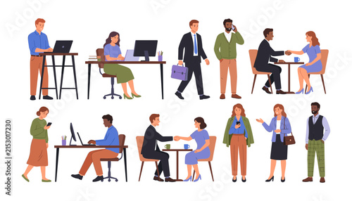 Diverse business people characters set working on laptop talking walking and shaking hands flat vector illustration isolated