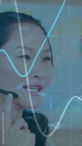 Animation of financial data processing over asian businesswoman using phone headset and computer