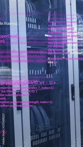 Computer code animation over server racks in data center