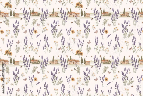 Seamless pattern featuring watercolor lavender sprigs, small yellow wildflowers, butterflies, and rustic mediterranean stone houses in provence