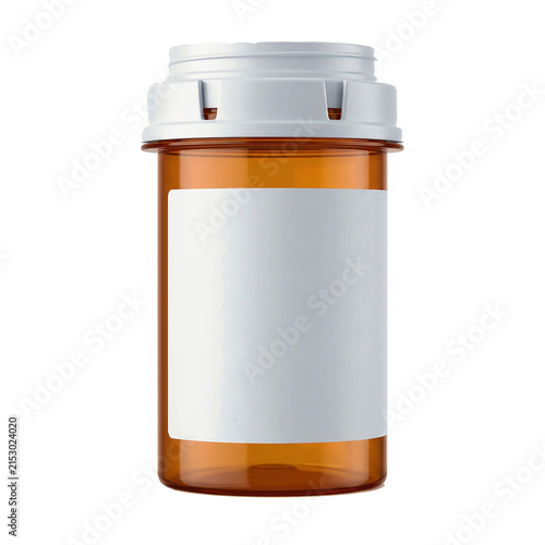 Empty amber plastic pill bottle with a white blank label for prescription medicine medication healthcare or pharmaceutical product packaging design mockup