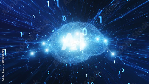 Futuristic ai human brain with binary numbers illustration.