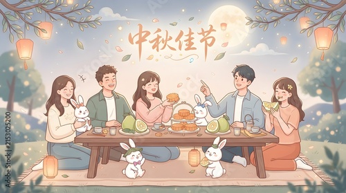 A group of happy young friends enjoying a festive outdoor dinner party during the traditional mid autumn festival china celebration under a bright full