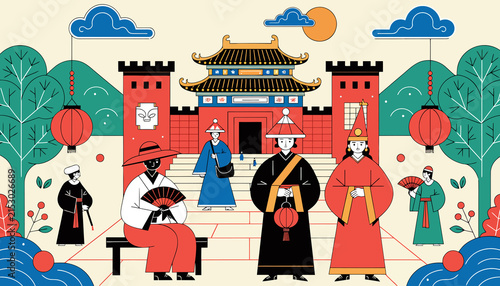 Traditional Asian Festival Scene with Diverse Figures and Ancient Architecture - Illustration