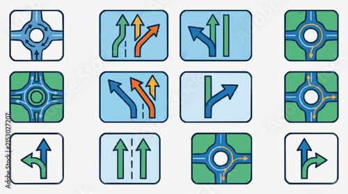 Modern Roundabout and Traffic Sign Direction Guide with Color Coded Arrows and Roadway Diagrams