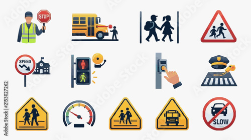 Modern School Zone Safety Icons Collection Featuring Bright Colors Vehicles Pedestrians and Traffic Signs for Educational Awareness