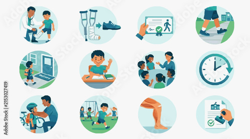 Modern Pediatric Rehabilitation Journey Colorful Infographic Showing 12 Stages from Injury to Recovery