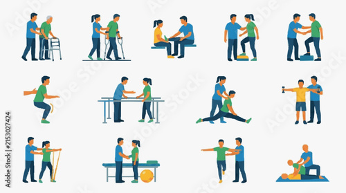 Modern Physical Therapy and Rehabilitation Techniques Illustrated with Diverse Patients and Therapists in Bright Colors