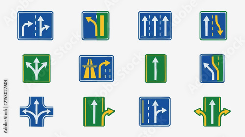 Modern Road Direction Signs Collection with Blue Green and Yellow Arrows on White Backgrounds with high quality professional line art symbols for modern creative design and digital branding projects