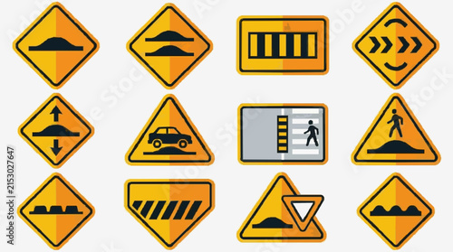 Modern Road Construction Warning Signs Set with Bright Orange and Black Illustrations for Safety Awareness