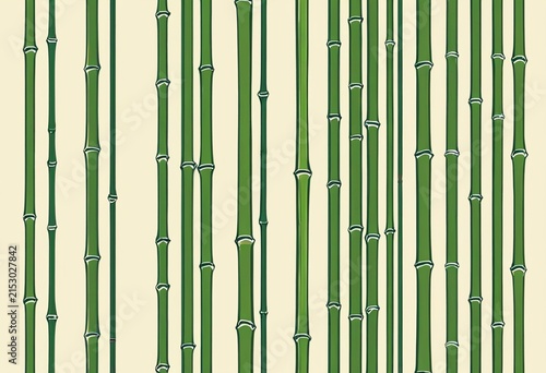 Seamless pattern of vertical green bamboo stalks on a light beige background, nature texture wallpaper