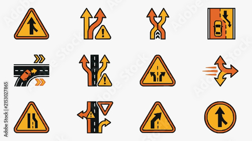 Modern Road Warning and Direction Signs Set with Bright Orange Yellow Backgrounds and Black Icons