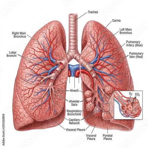 Human Lung Anatomy: Bronchial Tree, Alveoli, Vessels, and Pleura