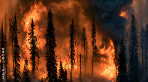 Searing flames and a dense cloud of thick smoke completely envelop a thick forest with tall trees, in vibrant fiery orange and ominous dark grey shades, spotlighting a harrowing wildfire scene.