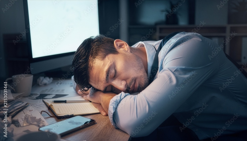 Obraz premium Exhausted businessman asleep on his arms at a cluttered work desk.