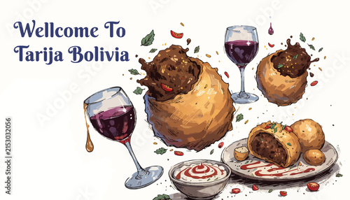 Traditional Bolivian Food and Wine in Tarija - Watercolor Illustration
