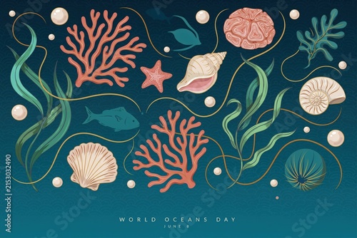 Oceans day featuring coral, seashells, pearls, seaweed, and fish on a deep teal textured background, with golden lines