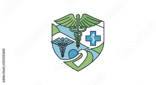 Healthcare Shield Emblem with Medical Symbols and Supporting Elements