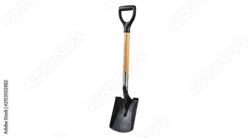 Garden shovel with wooden handle and black steel blade featuring ergonomic D grip shown as PNG isolated on transparent background