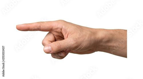 Human hand pointing with extended index finger and closed fist shown in side profile as PNG isolated on transparent background