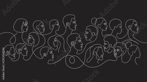 Continuous line art of diverse human faces.