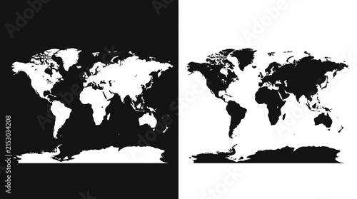 Contrast black and white world map silhouettes set.