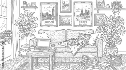 Cozy living room interior detailed coloring page sketch.