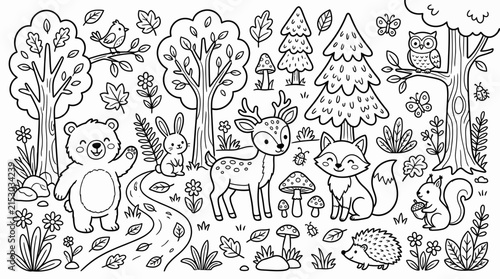 Cute woodland animals forest scene coloring page for children.