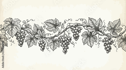 Decorative vintage border of grapes and vine leaves.